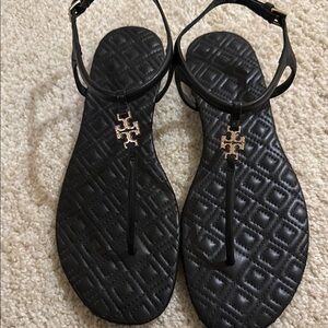 Tory Burch Black Marion Quilted Sandals with Gold Logo